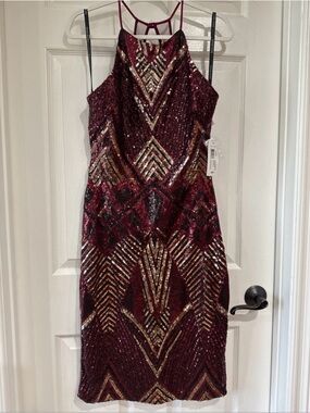 Bisou Bisou SZ 10 Special Occasion Sequined Halter Dress Red Multi Lined NWT